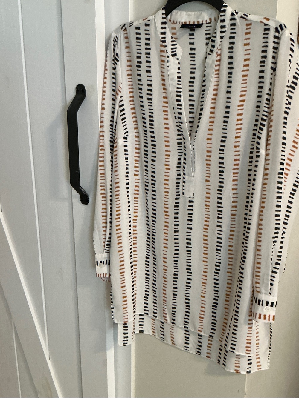 Alfani White Blouse with Black and Tan Stripe Print